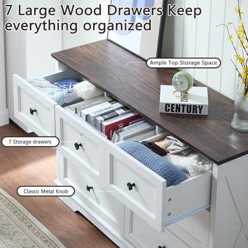 LDTTCUK 7 Drawer Dresser, Farmhouse Dresser Chest of Drawer for Bedroom, Modern Wood Drawer Dresser with Charging Station, Chest of Drawers Storage Cabinet for Living Room, Entryway, Hallway, - WoodArtSupply