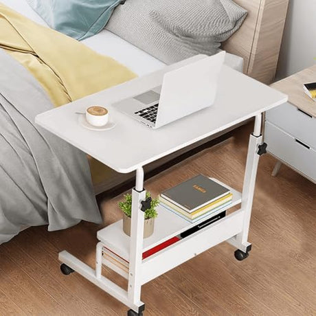 Adjustable Height Mobile Computer Desk for Small Space Rolling Writing with Wheels Corner Home Office Study Portable Bedrooms Work Size 31.5 Inch Storage Gaming Table, White D Dekhaoxe
