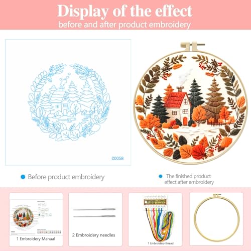 Zhenqing Autumn Cottage Squirrel Embroidery Kit for Beginners - 29x29cm Printed Fabric with Hoop & Full Tools (C0058)
