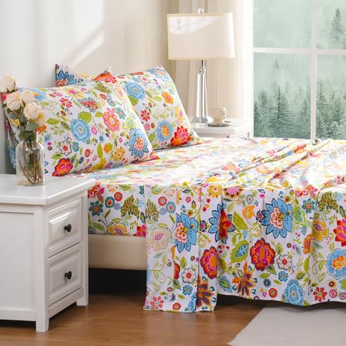 Bedlifes Queen Sheet Set Ultra Soft Breathable Silky Flower Bed Sheets Deep Pocket 100% Microfiber Bedding Sheets 4 Piece Queen Size Floral Spring Bedlifes