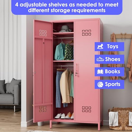 METAN 71" H*33.5" W*20" D Metal Wardrobe Closet with Lock,Extra Deep 2 Doors Metal Wardrobe Cabinet for Home,Assembly Required,Pink METAN