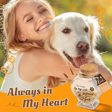 BluBrk Pet Fur Keepsake Jar-Pet Memorial Gift for Loss of Dog or Cat, Heart-Shaped Glass Pet Hair Keepsake Bottle, Dog Fur Keepsake & Cat Fur Keepsake, Printed Quote Forever in My Heart” BluBrk