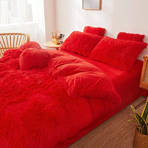 FOPPA Christmas Comforter Cover Queen - Ultra Soft Plush Bedding Set 3 Pieces (1 Faux Fur Duvet Cover + 2 Faux Fur Pillow Cases) Red Bed Set FOPPA