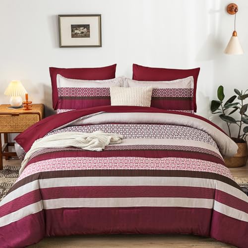 DJY Boho Comforter Set King Size,7 Pieces Bed in a Bag Burgundy Red Striped Bedding Sets,Patchwork Soft Microfiber Bedding Set for All Season(104"x90") DJY