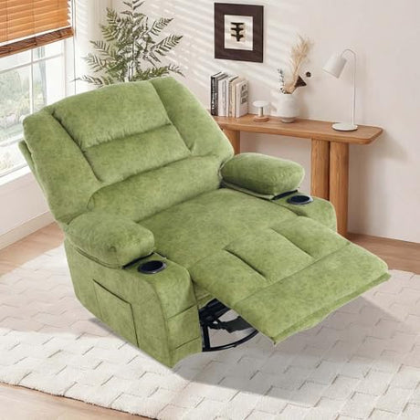KCQ Oversized Swivel Rocker Recliner Chair with Massage Heat Cup Holders Overstuffed Fabric Reclining Glider Chairs for Nursery Manual Rocking Recliner, Green KCQ
