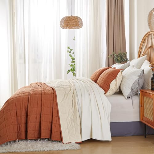 softpage Cotton Quilt Bed Spreads, 3-Pieces Bedding Set with Coverlet Light Weight Quilt Blanket with 2 Pillow Shams (Burnt Orange, Queen) softpage