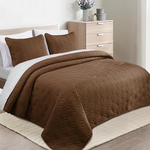 Whale Flotilla King Quilt Bedding Set, Soft Brown Bedspreads Quilts King Size for All Seasons, 3 Pieces Lightweight Geometric Star Pattern Coverlet Whale Flotilla