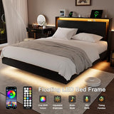 Einhomn Bed Frame Queen Size with LED Lights & Charging Station – Kids Wood Floating Queen Bed Frame with Storage Headboard, Adhesive Slats, Kick-Free & Noise-Free Design, Easy Assembly, Black Einhomn