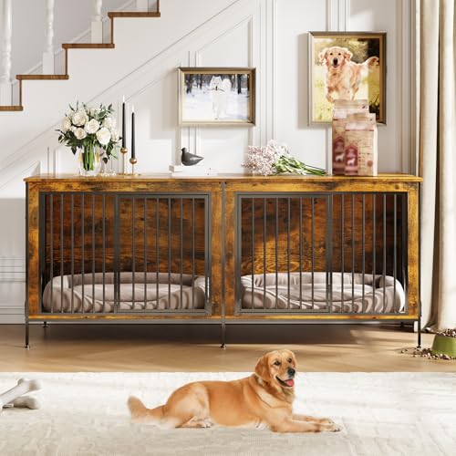 Garvee XL Dog Crate Furniture for 2 Dogs, Heavy Duty Double Dog Crates for Medium/Large Dogs, Dog Kennel Furniture Indoor As TV Stand, Extra Large 78.74" w, Rustic Brown Garvee