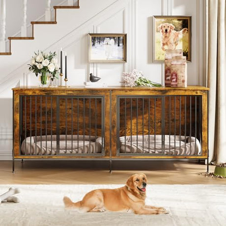 Garvee XL Dog Crate Furniture for 2 Dogs, Heavy Duty Double Dog Crates for Medium/Large Dogs, Dog Kennel Furniture Indoor As TV Stand, Extra Large 78.74" w, Rustic Brown Garvee