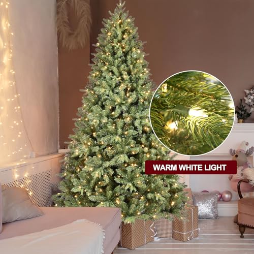 Treepool 8FT Pre-Lit Artificial Christmas Tree with 2748 PE&PVC Mixed Branch Tips, 600 Warm White Lights, Hinged Premium Spruce Fake Xmas Trees, Green, Foldable Base