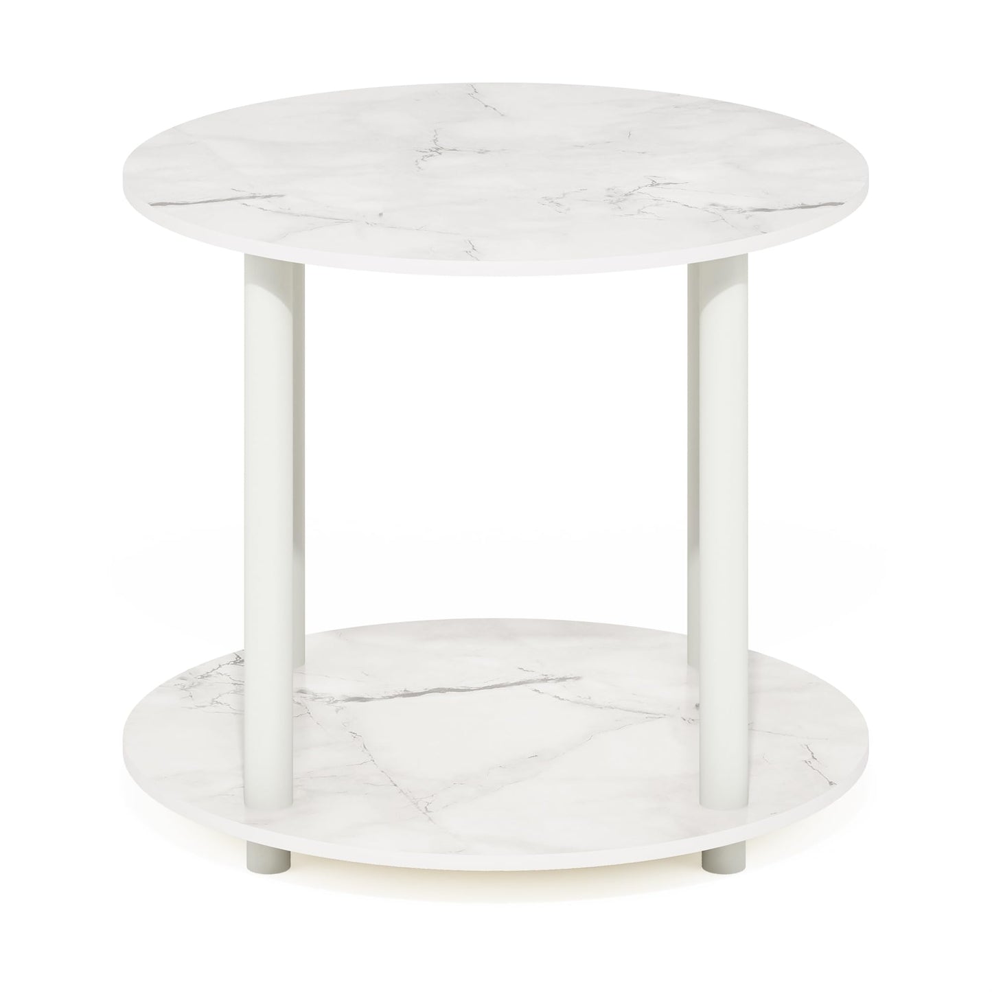 Furinno Turn-N-Tube Simple Design 2-Tier Round Wooden Small Coffee Table, Marble White - WoodArtSupply