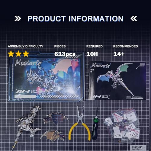 Arcynix Mostarle Reno Blue Dragon 3D Metal Puzzle Kit, 613 Pieces, Magnetic Assembly, LED Light-Up Color Changing Wings, Adjustable Display, DIY Mechanical Model for Advanced Builders Collectors