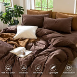 MooMee Bedding Duvet Cover Set 100% Washed Cotton Linen Like Textured Breathable Durable Soft Comfy (Solid Cocoa Brown, Queen 90"x90") MooMee