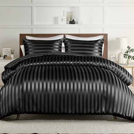 Whale Flotilla 3-Piece Reversible Silky Soft King Size Comforter Set, Luxury Stripe Satin Oversized Comforter Bedding Set with 2 Satin Pillowcases, Lightweight Duvet for All Seasons, Black Whale Flotilla