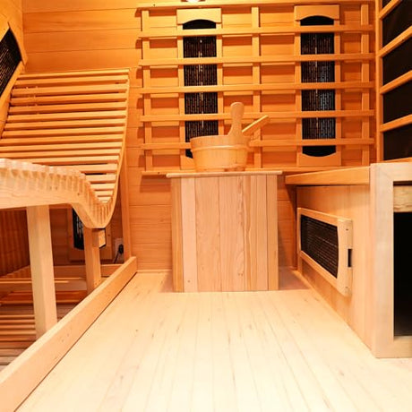 Wood Home Hybrid Sauna for 3 Person, Far Infrared & Steam Dual System Indoor Traditional Saunas, 3KW 9 Heating Elements and 6KW Heating Stove, Speaker, Oxygen Bar, Water Bucket, Rocks, Red Cedar Smartmak