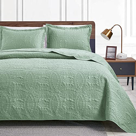 Love's cabin Twin Quilt Set Sage Bedspreads - Soft Bed Summer Lightweight Bedspread Comforter - Modern Style Coin Pattern Coverlet for All Season - 2 Pieces (1 Quilt, 1 Pillow Sham) Love's cabin