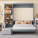 Merax Queen Murphy Bed with Sofa, Wood Folding Wall Bedframe with Soft Couch and Shelves, for Guest Room, Home Office or Small Bedroom, Grey Merax