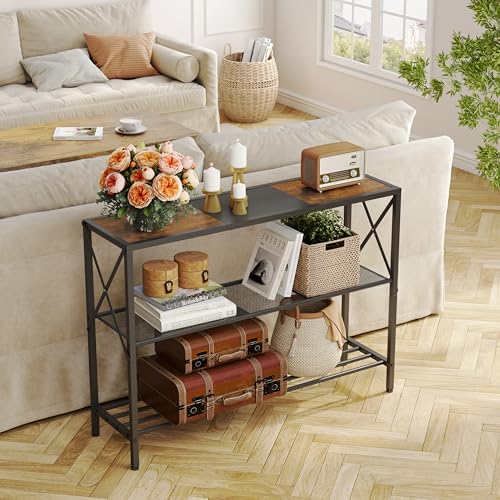 Hoctieon Industrial Console Table, 3 Tier Entryway Table, Hallway Table, Narrow Sofa Table with Shelves, Entrance Table for Entryway, Rustic Brown&Black Hoctieon