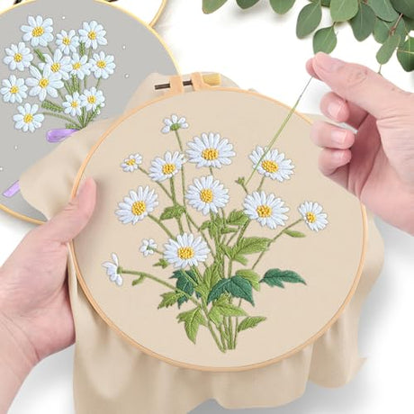 ERKOON 4 Set Embroidery Kit for Beginners, Cross Stitch Set Include Embroidery Cloth Hoops Threads for Craft Lover Hand Stitch with Embroidery Skill Techniques (Daisy) ERKOON