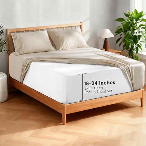 SONORO KATE 100% French Pure Linen Sheets, Extra Deep Pocket up to 18"-24", Breathable and Durable Linen Sheets, Anti-Tear Linen Bed Sheets, Machine Washable - 4 Piece (Natural Linen, King(24" deep)) SONORO KATE