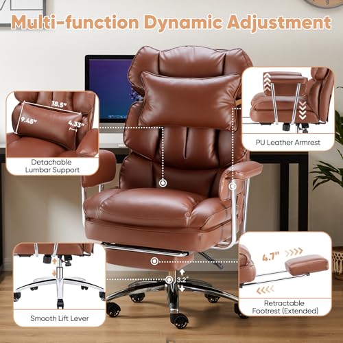 Sweetcrispy Executive Home Office Desk Chair - Ergonomic Big Tall High Back with Footrest & Lumbar Support, Reclining Height Adjustable, Comfy PU Leather Computer Gaming with Swivel Wheels, Brown Sweetcrispy