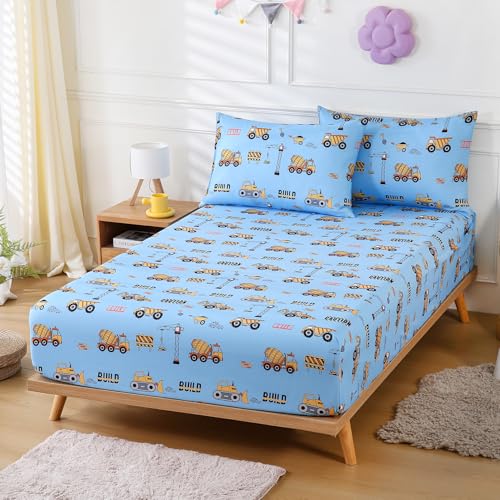 CIMVI Kids Twin Sheets Set for Boys Construction Car Excavator Bed Sheet 15-Inch Deep Pocket Fitted Sheet Soft Microfiber 3 Pieces Bedding with Pillowcase Fade Resistant Children Room Decor CIMVI
