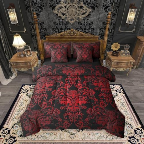Erosebridal Gothic Damask 7 Piece Comforter Set Full Bed in a Bag,Exotic Moth Bedding Sets Red Black Victorian Floral Goth Sheet Set with Comforter Erosebridal