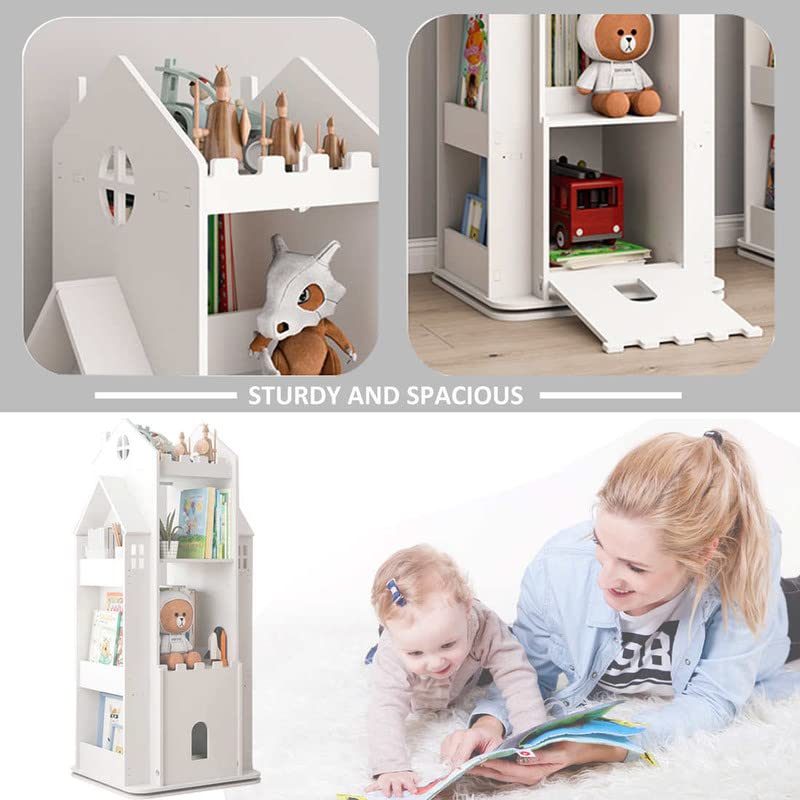 MOUDAO 360° Rotating Castle Bookshelf for Kids - White Toy Storage Organizer Rack - WoodArtSupply