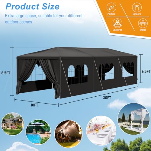 CFATLFRM 10x30 Black Party Tent Outdoor Canopy Waterproof Heavy Duty Wedding Event Tents for Parties with 8 Removable Sidewalls Perfect for Holiday Birthday Gatherings BBQ Backyard Patio CFATLFRM