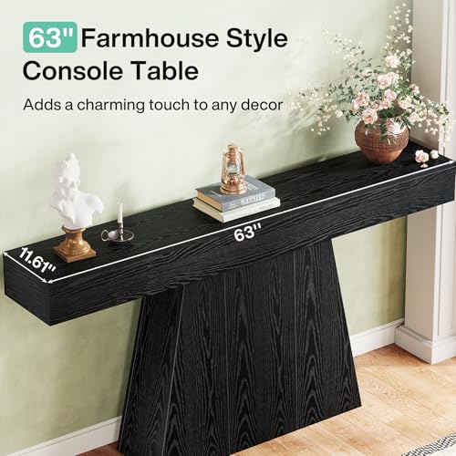 Tribesigns 63" Black Console Table, Farmhouse Entryway Table with Trapezoidal Base, Narrow Long Wood Sofa Table Behind Couch Table for Entrance, Hallway, Living Room, Black Tribesigns