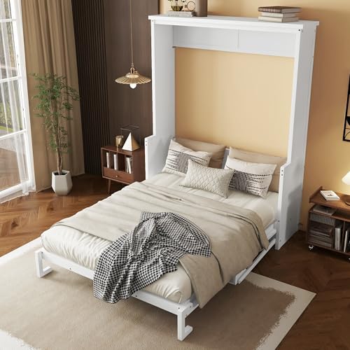 MERITLINE Queen Murphy Bed with Desk, Solid Wood Vertical Murphy Wall Bed Cabinet with Storage Shelves Space-Saving Hidden Bedframe (White,Queen) MERITLINE