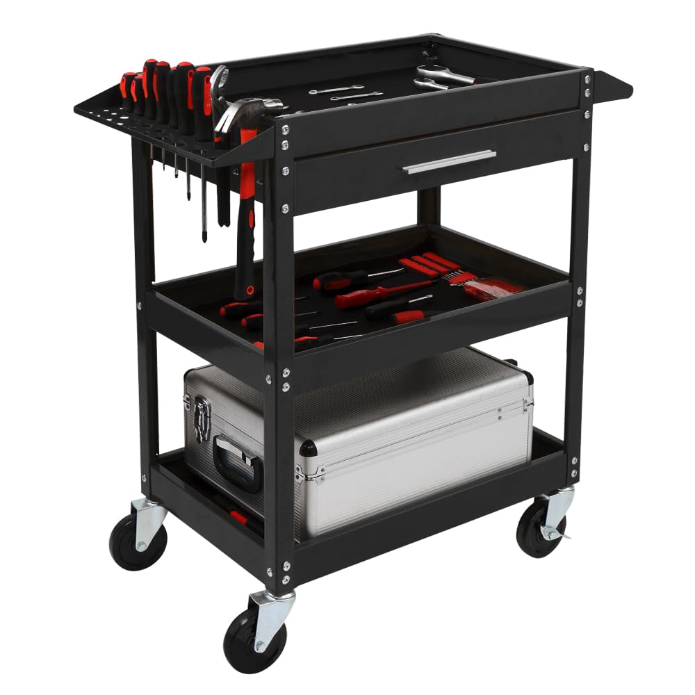 TUFFIOM 3 Tier Rolling Tool Cart with Drawer, Tool Service Cart on Wheels w/2 Brake, 330 LBS Capacity Industrial Heavy Duty Utility Cart, Tool Organizer for Mechanic, Garage, Warehouse & Repair Shop TUFFIOM