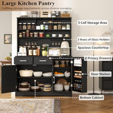 Tall Pantry Cabinet, Modern Kitchen Hutch with Microwave Stand, Kitchen Pantry Storage Cabinet with 2 Darwers & Door Shelf, Food Pantry with Goblet Holders & Adjustable Shelves for Dining Room, Black Gyfimoie