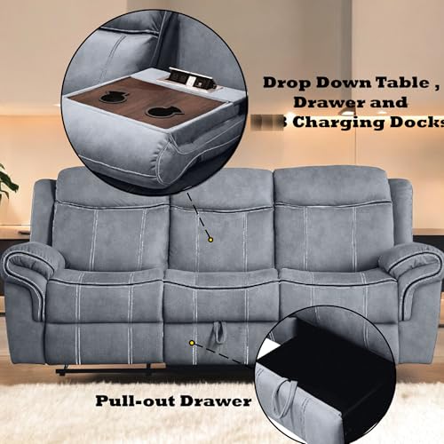 Gray Velvet Recliner with & Table - 3 Seat, and Relaxing, Stable, Stylish Tuft Workmanship, Soothing Two Tone Port Table, Soft Fluffy, Strong Wood Metal Frame, Classy Tufting, Comfy MOOSH