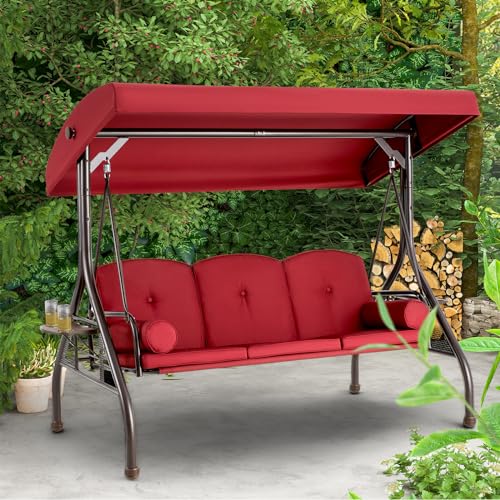 HOMREST 3 Seat Outdoor Porch Swing with Adjustable Canopy, Convertible Patio Swing Bed with Stand, Patio Glider Swing with Upgraded Cup Holder, Thicken Cushions ＆ Pillow for Backyard (Wine Red) HOMREST