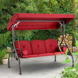 HOMREST 3 Seat Outdoor Porch Swing with Adjustable Canopy, Convertible Patio Swing Bed with Stand, Patio Glider Swing with Upgraded Cup Holder, Thicken Cushions ＆ Pillow for Backyard (Wine Red) HOMREST