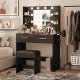 Furmax Make up Vanity Desk with Mirror and Power Outlet, Vanity with 3 Color Light Options Adjustable Brightness,Vanity Desk with 2 Drawers, 6 Storage Shelves (Black, with Bench) Furmax