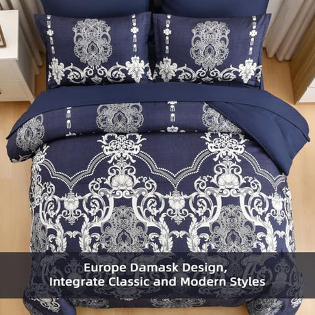Mybedsoul 7 Pieces Navy Blue Comforter Set King Size, Damask Bed in a Bag for King Bed, Lightweight Microfiber Boho Bedding Sets with Comforter, Sheet, Pillowcases & Shams for All Season(90"x104") Mybedsoul