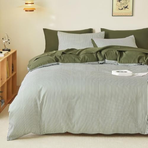 Wake In Cloud - Striped Comforter Set, Ticking Stripe Vertical Pinstripe Neutral Farmhouse Pattern Printed, Soft Lightweight Bedding, 3 Pieces, Olive Green White, King Size Wake In Cloud