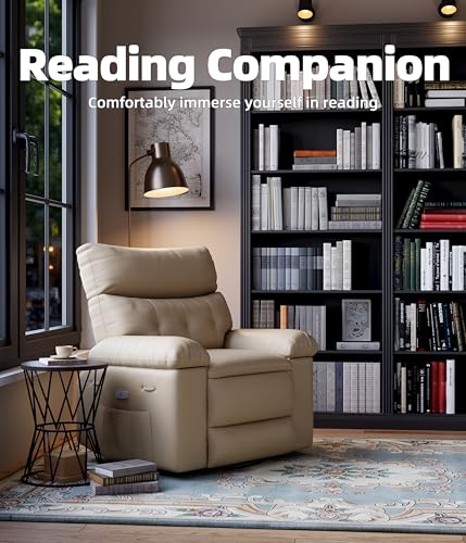 Swivel Rocker Recliner Chair, Massage Recliner Chair with Heat, 360° Swivel PU Leather Manual Recliner for Adults, Long Sitting Fatigue Relief and Shoulder Neck Relaxation, Beige BouPower