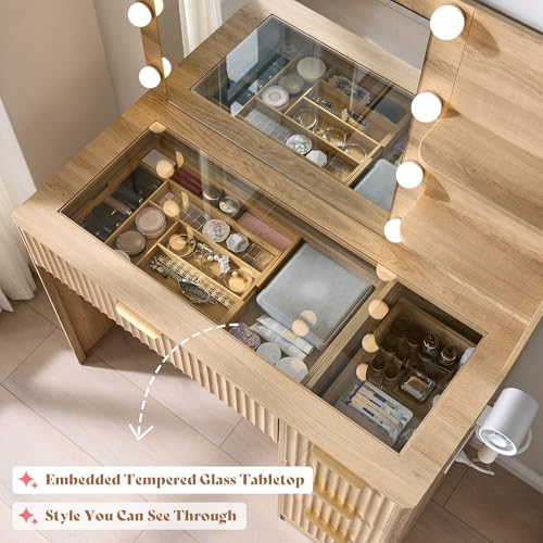 AMERLIFE 36.2" Fluted Vanity Desk with Mirror and Adjustable LED Lights, Large 4 Drawers Makeup Table with Glass Top and Charging Station for Women and Girls, Bedroom or Dorm, Natural Oak AMERLIFE