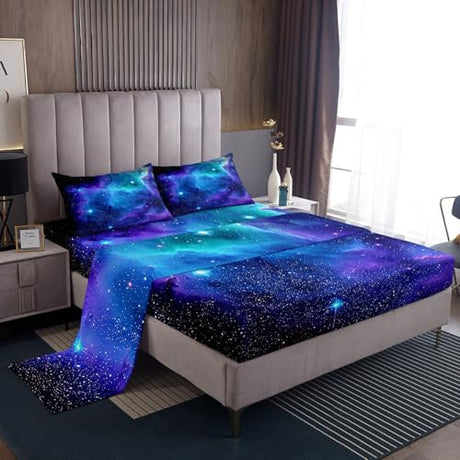 Feelyou Galaxy Sheet Set King Size Out Space Bedding Blue Nebula Universe 100% Microfiber Deep Pockets Bed Sheets 4 Pcs - 1 Falt& 1 Fitted Sheets with 2 Pillow Shams Feelyou