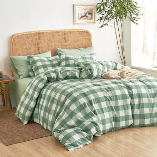 Wake In Cloud - Gingham Cotton Duvet Cover Set, Plaid Buffalo Check Checkered Farmhouse, 100% Washed Cotton Textured Percale Bedding Set, 3 Pieces, Green White, Twin/Twin XL Size Wake In Cloud