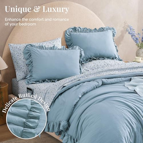 BLOOMHAVEN Queen Comforter Set - 7 Pieces Ruffle Blue Bedding Sets, Shabby Chic Farmhouse Bed in a Bag Queen with Ruffle Comforter, Floral Sheets, Pillowcases & Shams BLOOMHAVEN