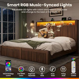 CypBed King Size Bed Frame and Headboard& 2 Storage Drawers, King Bed Frame with LED Light and Charging Port, Farmhouse Wavy Design, Wood & Metal Platform, Noise-Free, No Box Spring Needed, Walnut CypBed