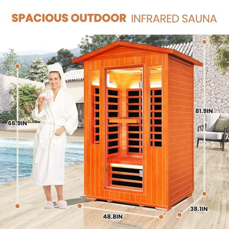Outdoor Sauna 2 Person Sauna Infrared Saunas Dry Sauna Room 2080W/110V Low EMF Outer Board Red Cedar/Inner Board Fir Wood, Oxygen Bar, Speaker, LCD Control Screen, LED Lights - 48.8*38.2*81.9 in HOSAUNA