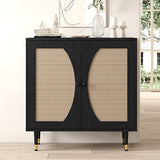 Black Buffet Sideboard Cabinet, Rattan Sideboard with Natural Rattan Doors, Black Rattan Console Table with Storage, Modern Accent Buffet Cabinet with Adjustable Shelves for Living Dining Room 4ever2buy
