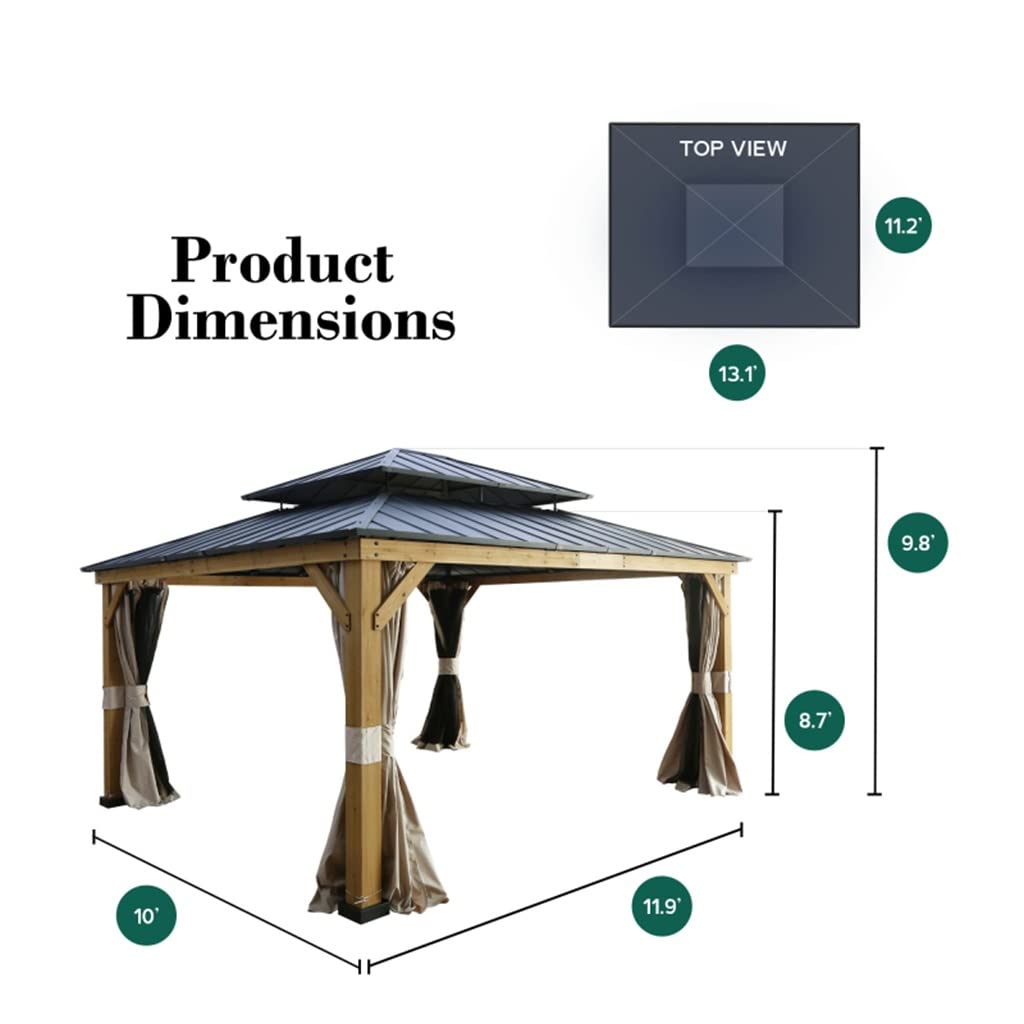 GAELOP DFHBFG 11 Ft. W X 13 Ft. D Solid Wood 2-Tier Patio Gazebo Metal Hard Top Gazebo with Curtains and Netting