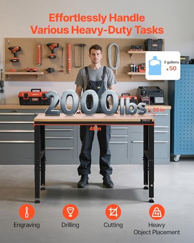 VEVOR Adjustable Workbench, 2000 lbs Capacity, 48 x 20-inch Heavy Duty Work Bench with 28.5-38.3 Inches Height Adjustment, Garage Workbench with Power Outlets, Suitable for Office, Garage, Workshop VEVOR